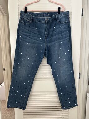 Pearl-Embellished Blue Straight-Leg Jeans - Women
